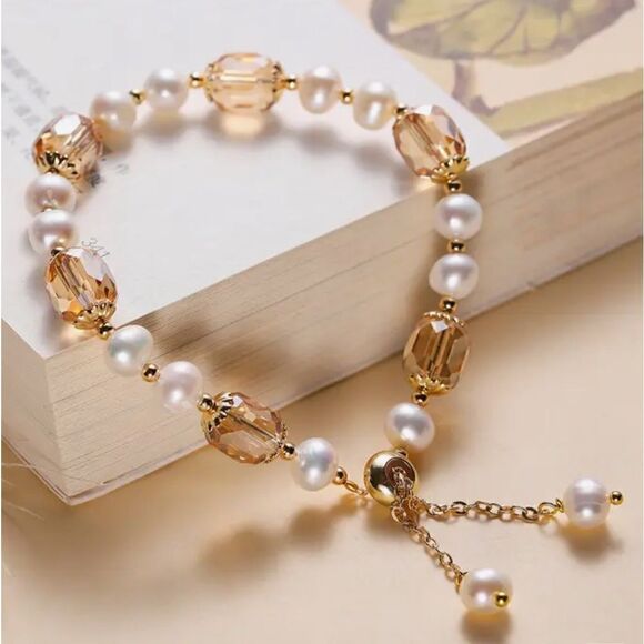 NATURAL FRESHWATER PEARLS AND AUSTRIAN CRYSTAL STONES WOMEN BRACELET - Picture 7 of 8